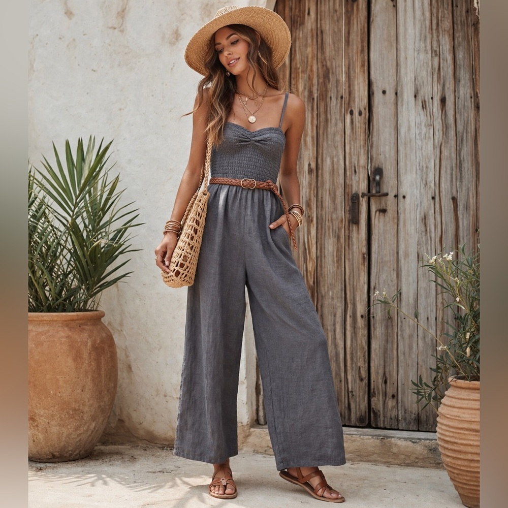 Faherty Mandy Smocked Linen Jumpsuit charcoal grey size medium #98 resortwear